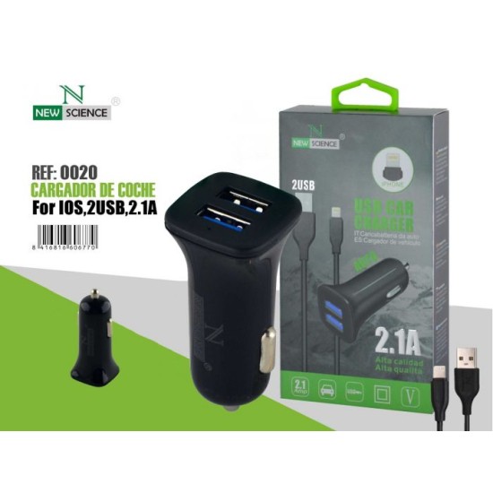 NEW SCIENCE CARGADOR COCHE IPHONE-2USB 2.1A CAR CHARGER PRETO REF: 0020